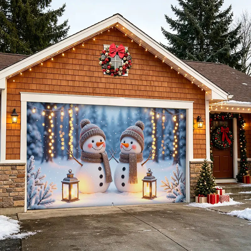Two Cute Snowmen Garage Door Banner Decoration