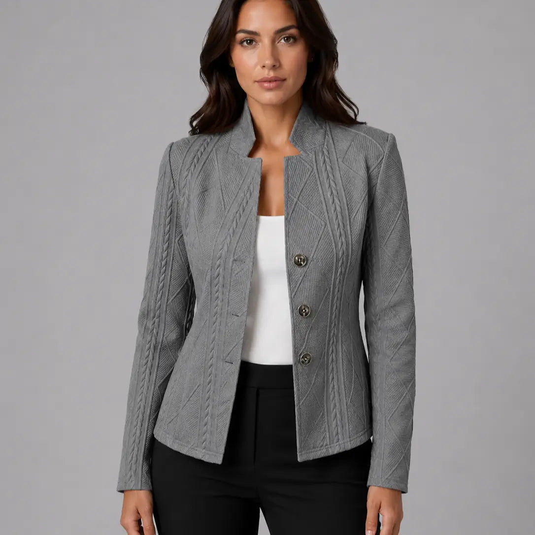 Textured Knit Stand-Collar Open-Front Blazer