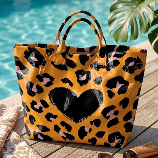 Brown Leopard Print And Hearts PVC Tote Bag