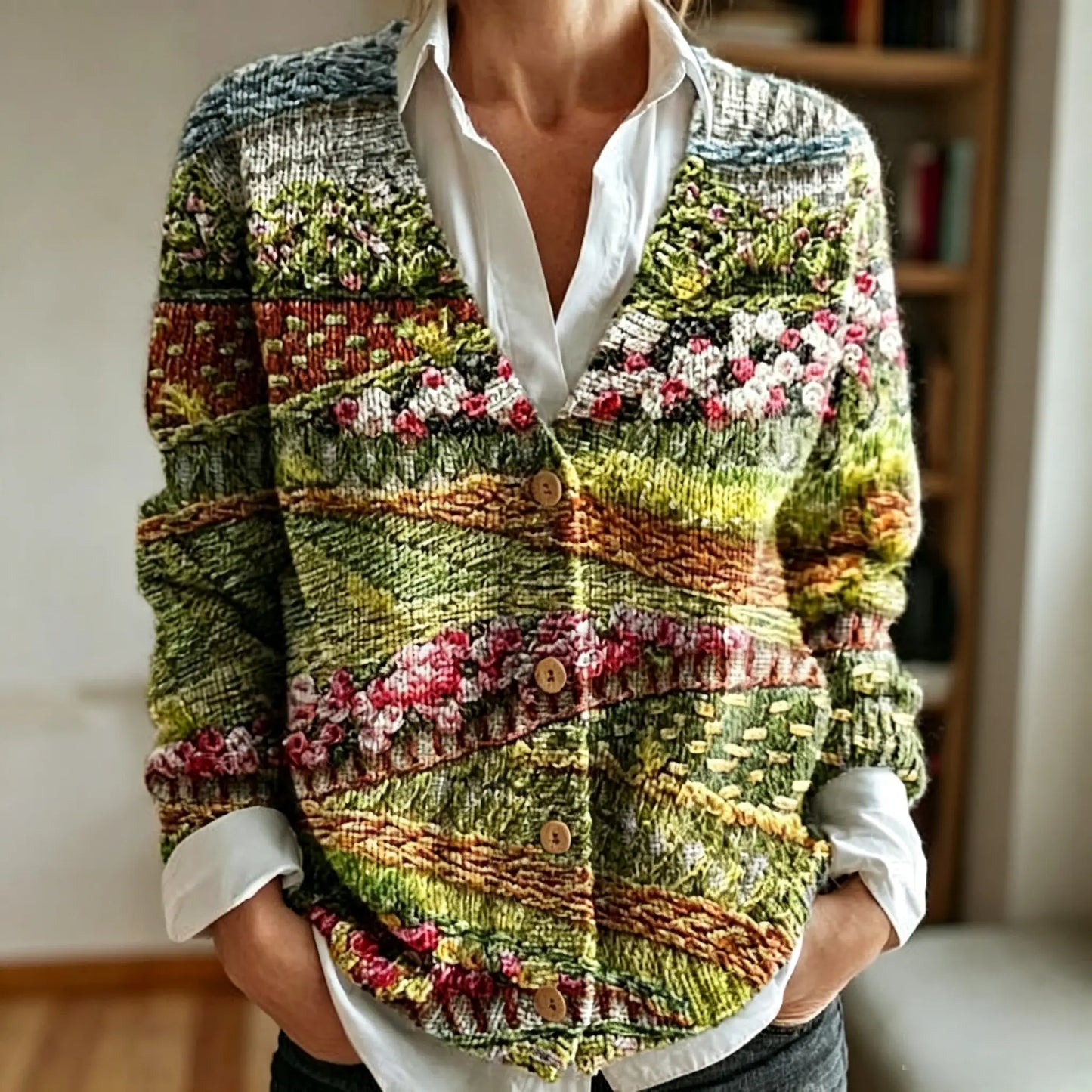 Women's Vintage Floral Art Pattern Print Buttoned Cardigan Sweater