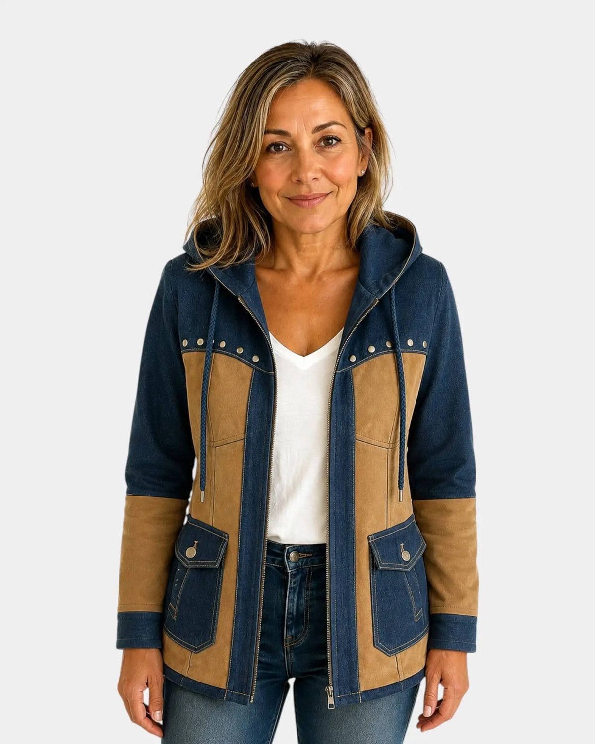 Women's Denim Jackets Long Hooded Patchwork Zip Up Jacket