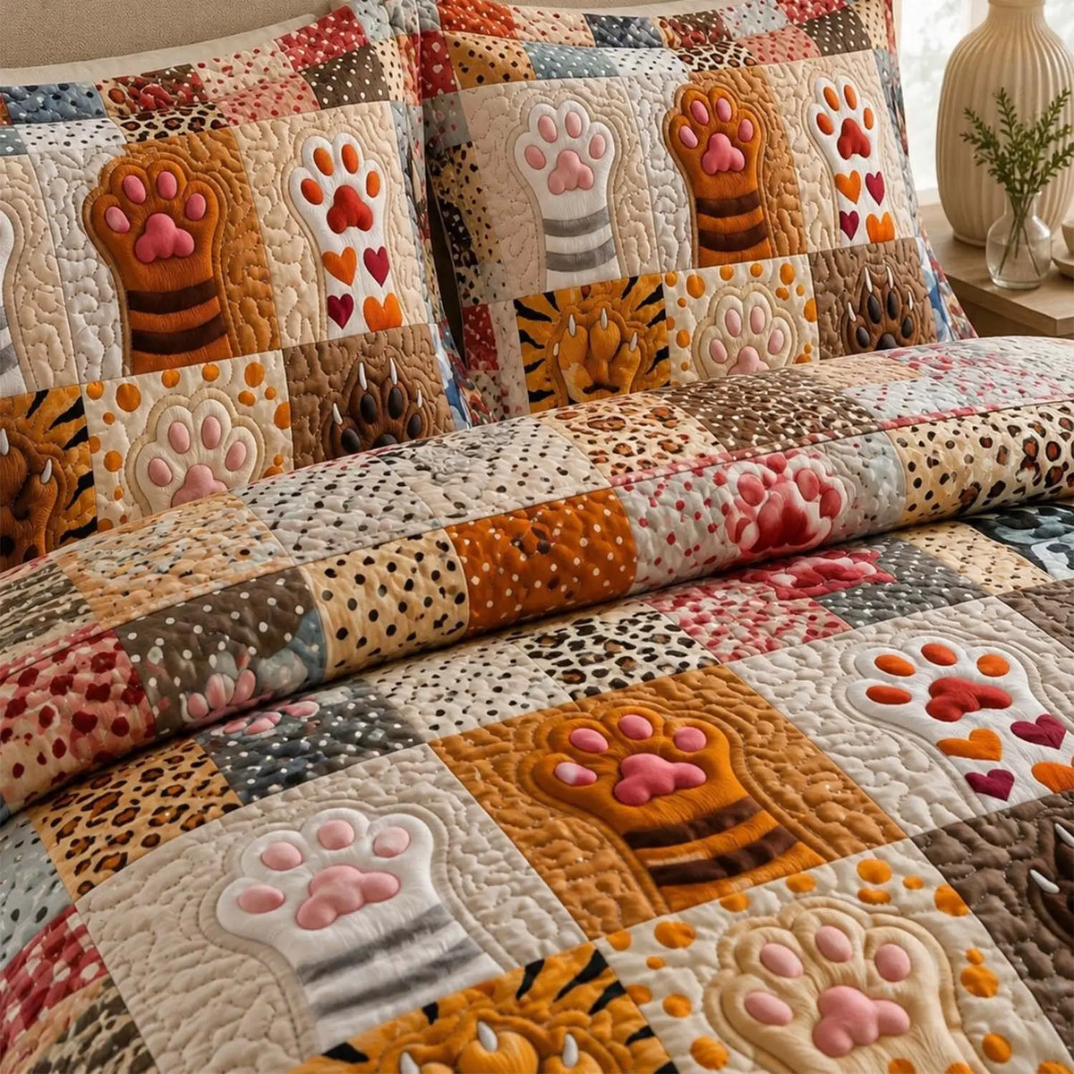 Cozy Paw Print Quilted Bedding Set