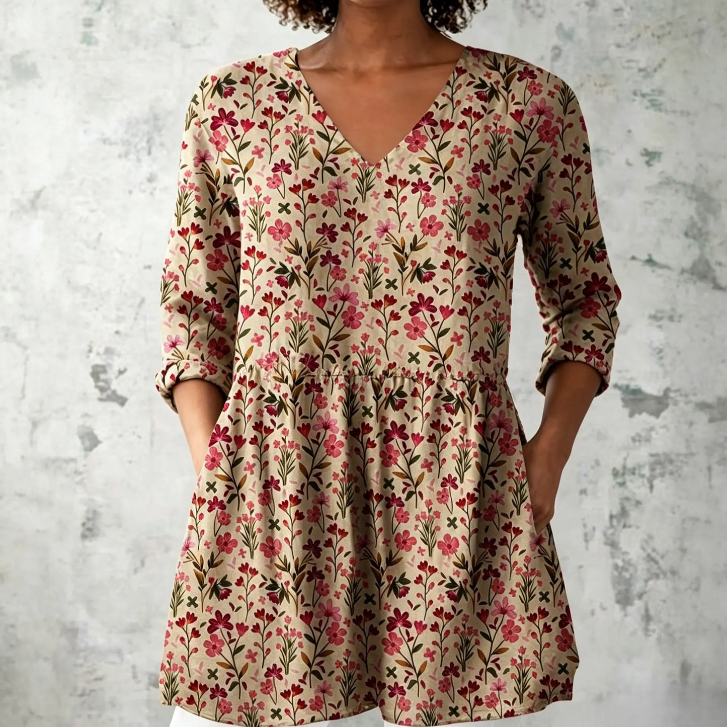 Flower Printing Long Blouse Eith A Striking Pattern