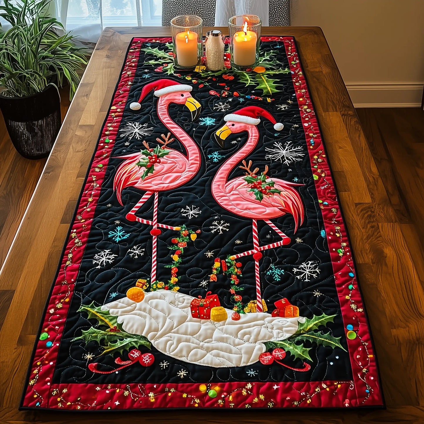 Christmas Flamingo Quilted Table Runner