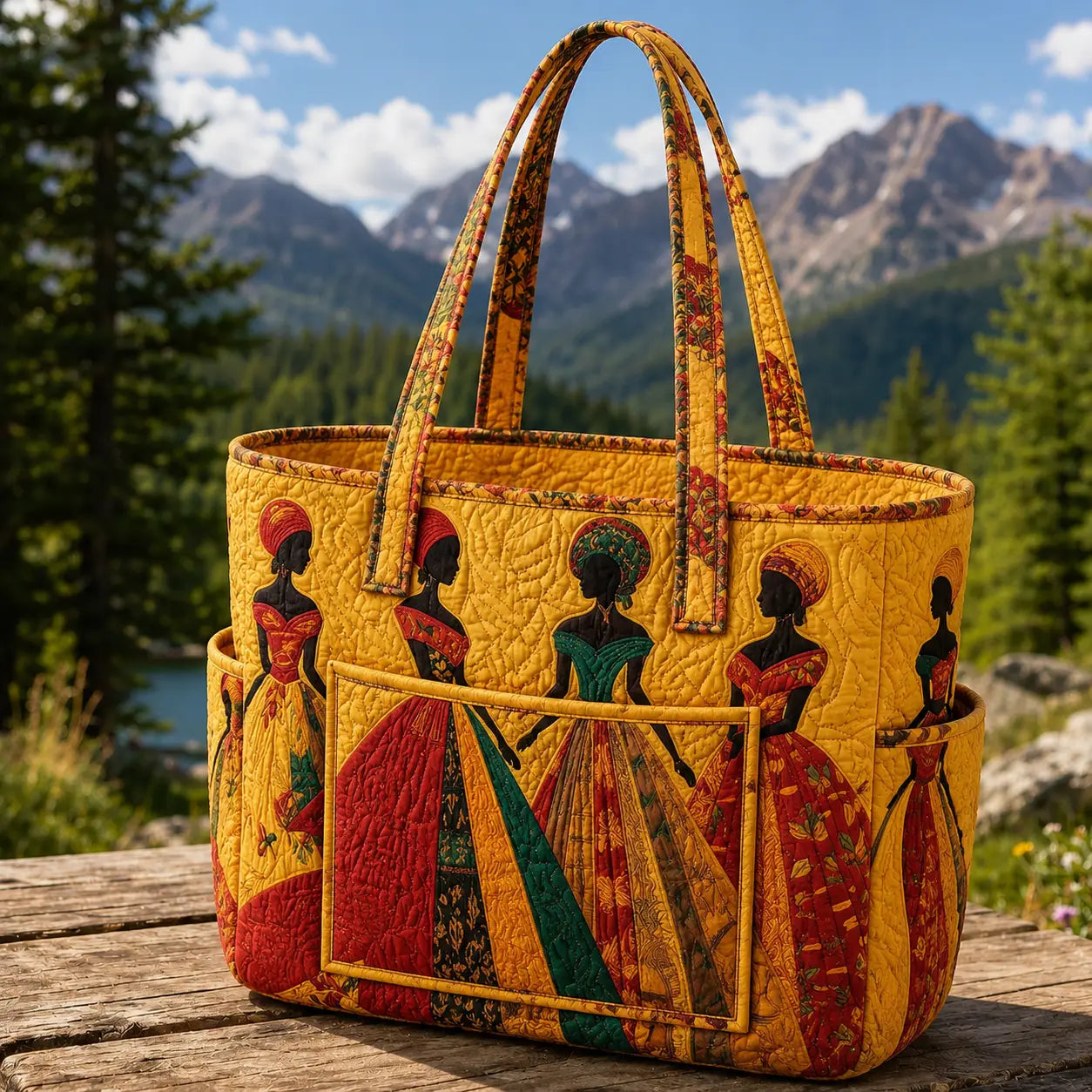 African Women Silhouette Multiple Pockets Quilted Tote Bag