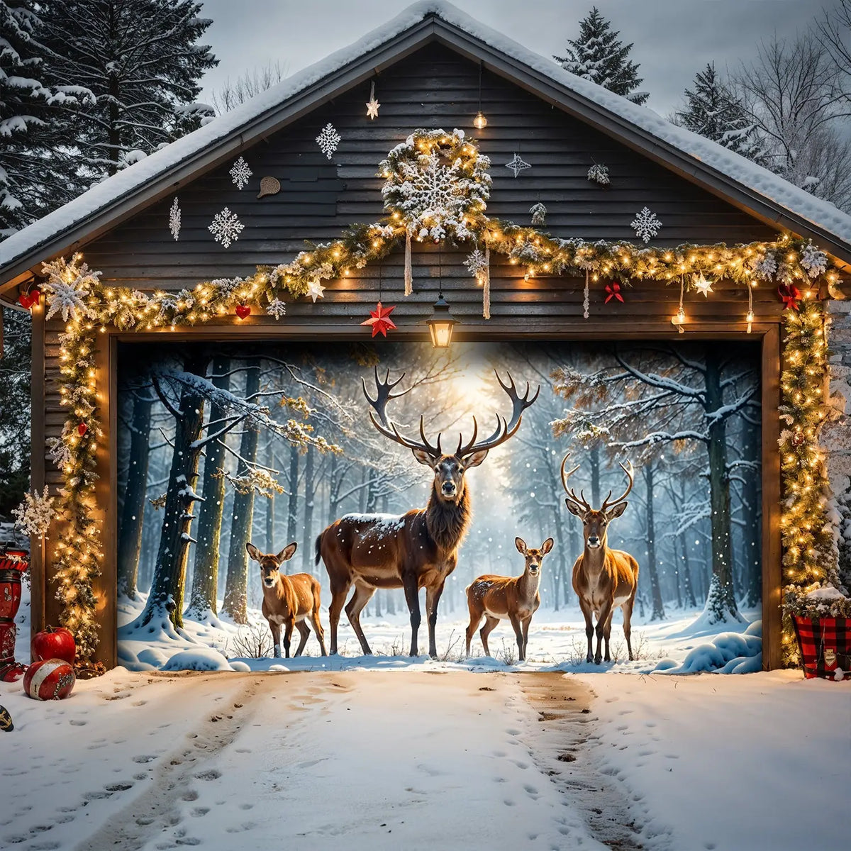 Majestic Reindeer Family In Winter Wonderland Garage Door Banner Decoration