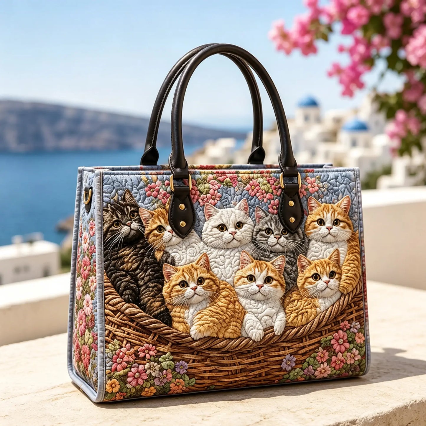 Cat Family Quilted Leather Strap Bible Handbag