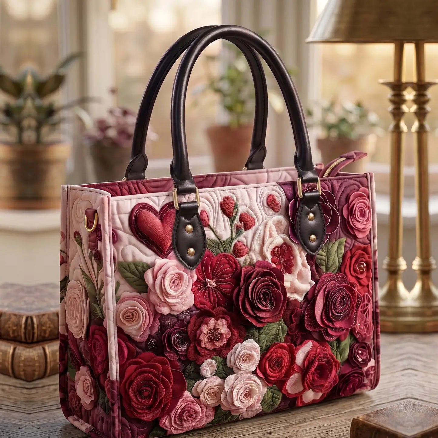 Heart And Rose Quilted Leather Strap Bible Handbag