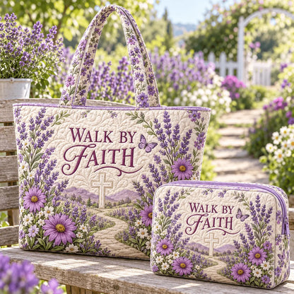 2pcs Walk by Faith Cross Quilted Tote Bag Set