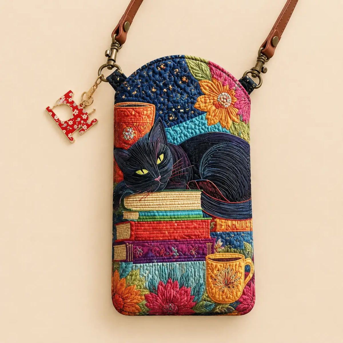Black Cat With Books Quilted Slim Phone Crossbody Bag
