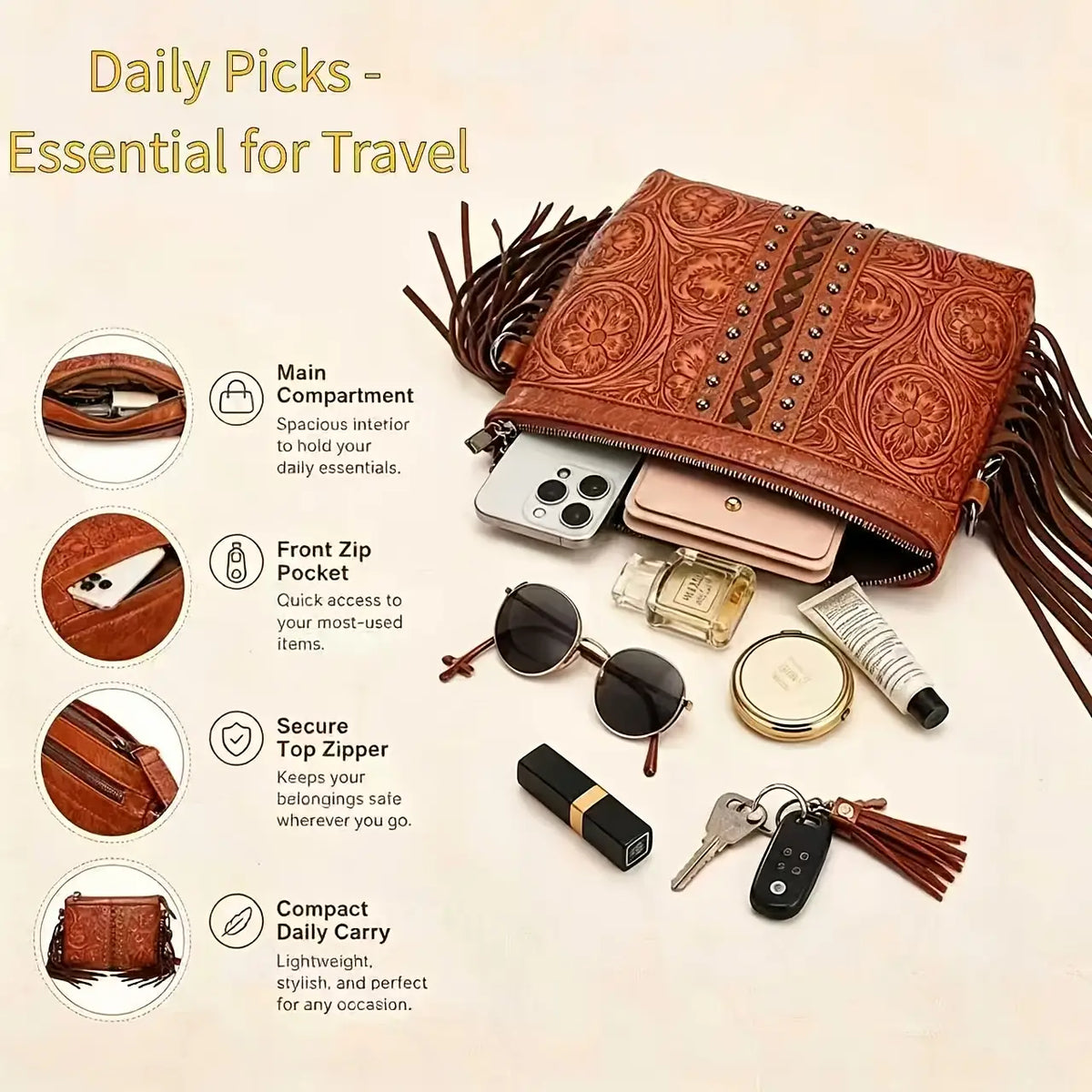 Bohemian PU Crossbody Bag with Western Fringe Tassels & Zipper Closure