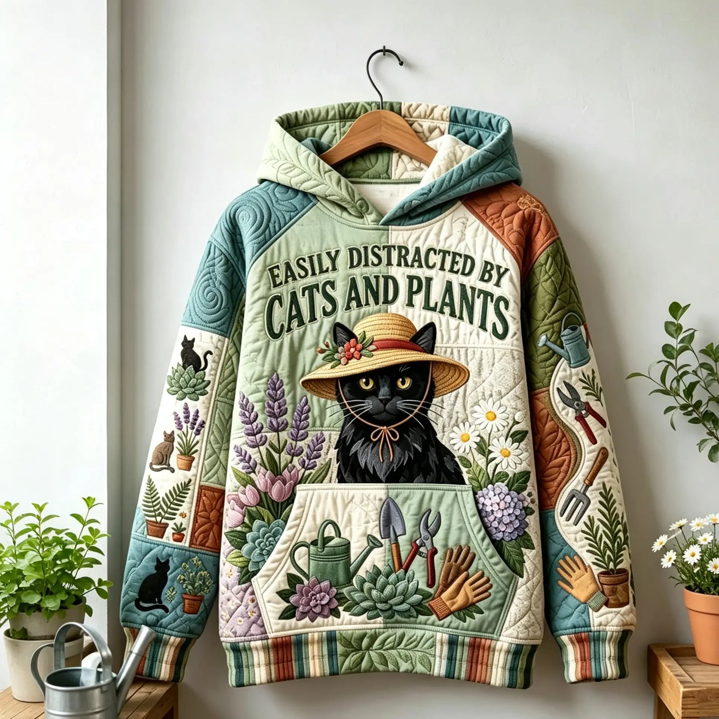 Distracted By Cats And Plants Quilted Casual Regular Fit Long Sleeve Hoodie Sweatshirt