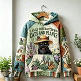 Distracted By Cats And Plants Quilted Casual Regular Fit Long Sleeve Hoodie Sweatshirt
