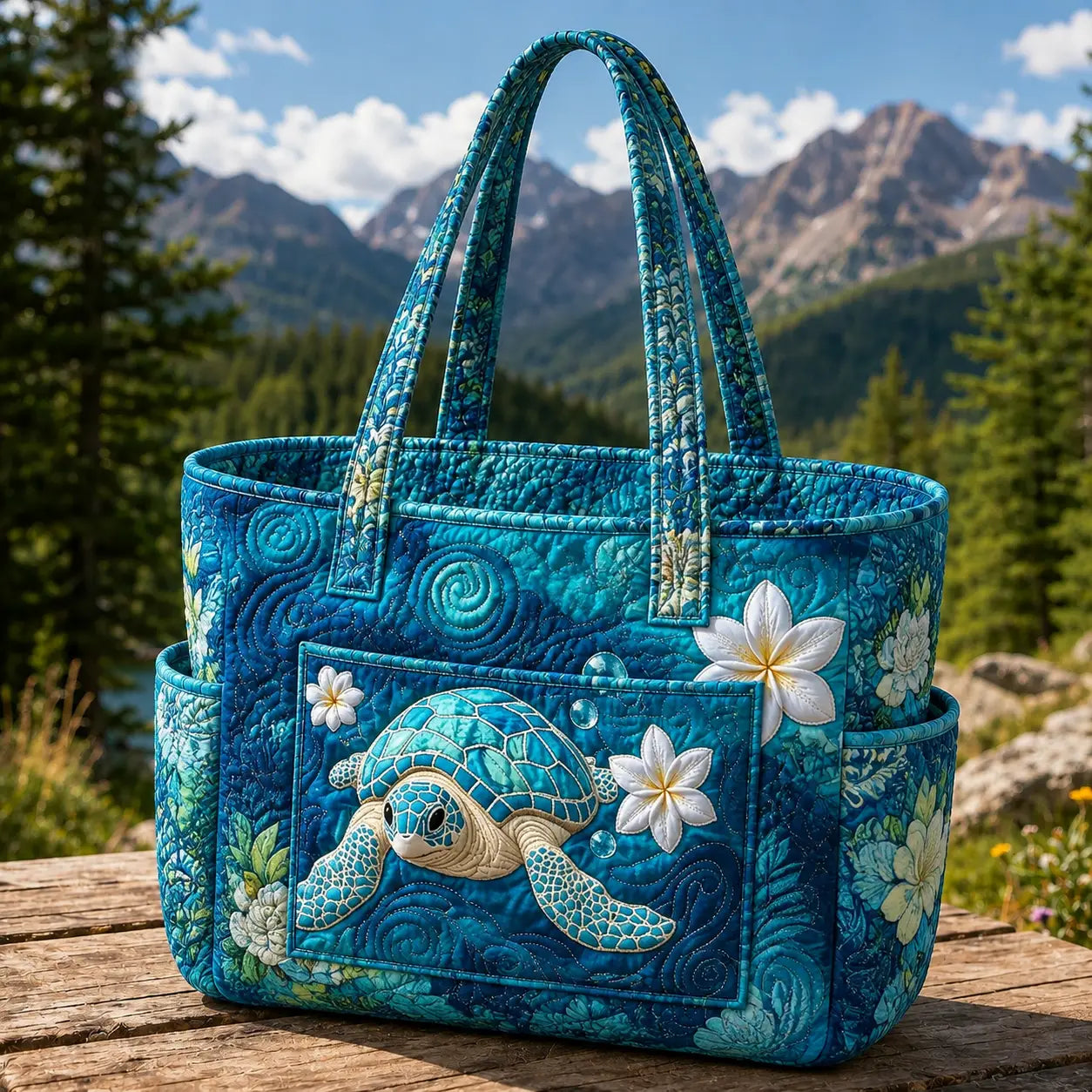 Sea Turtle & Plumeria Multiple Pockets Quilted Tote Bag