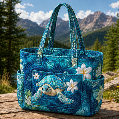 Sea Turtle & Plumeria Multiple Pockets Quilted Tote Bag