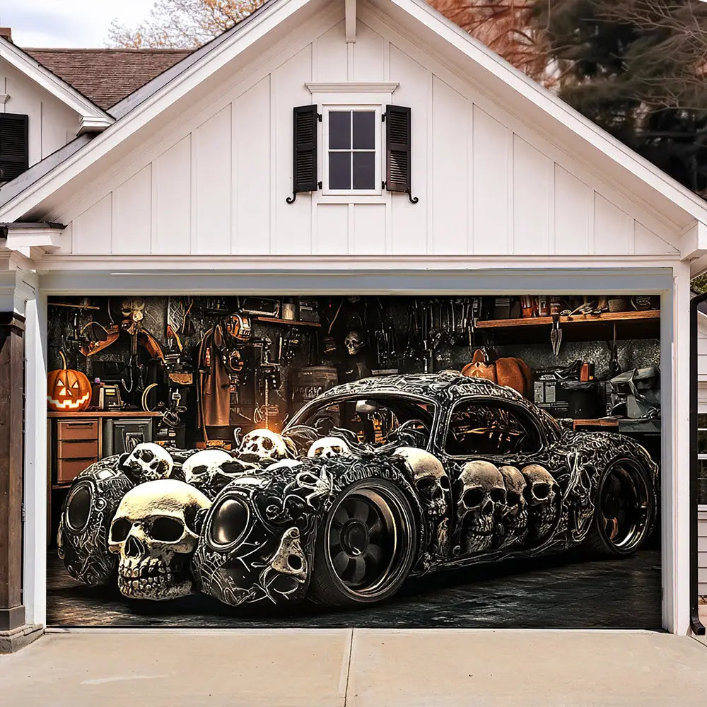 Skull Car Halloween Garage Door Banner Decoration