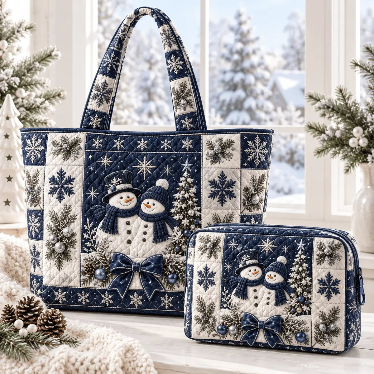 2pcs Winter Snowman Star Pine Tree Quilted Tote Bag Set