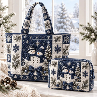 2pcs Winter Snowman Star Pine Tree Quilted Tote Bag Set