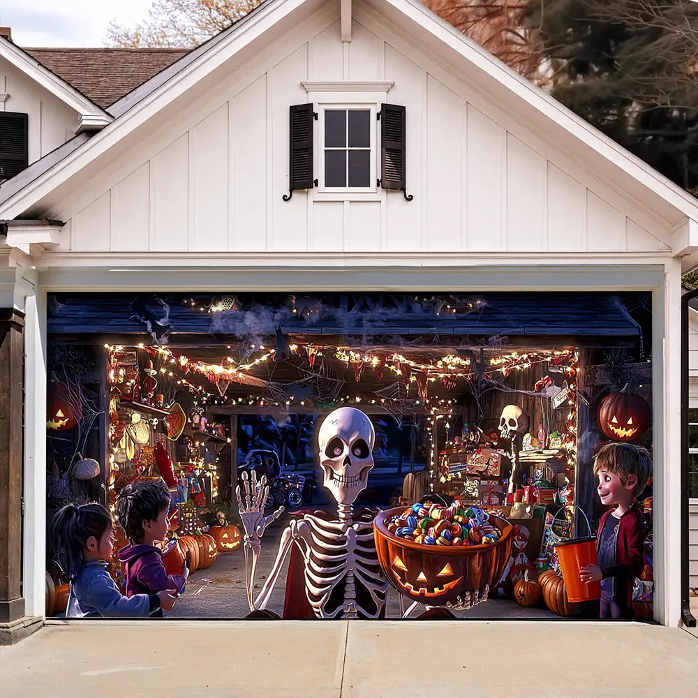 Skeleton’s Trick-or-Treat Party Halloween Garage Door Banner Decoration