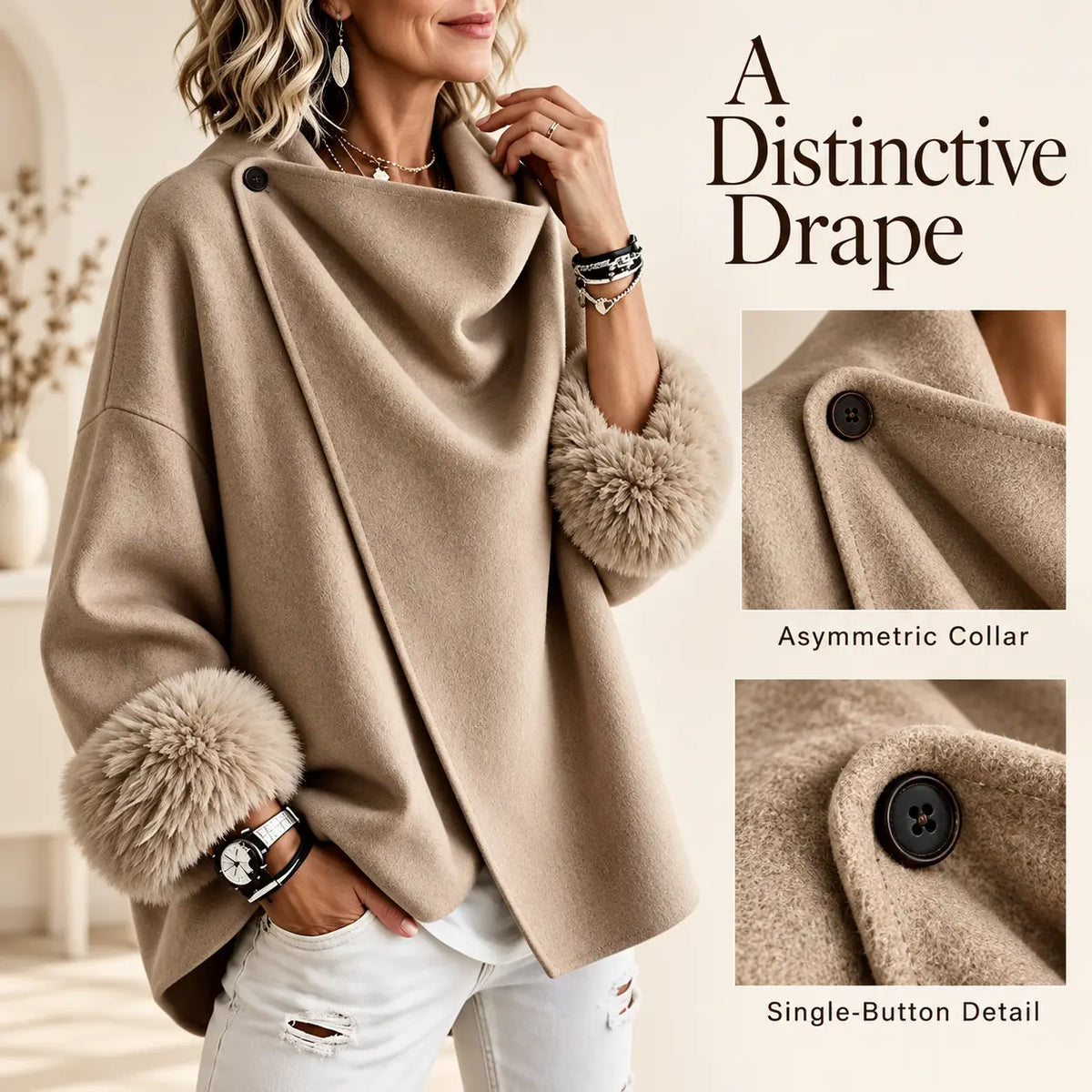 Wool-blend Jacket with An Asymmetric Faux-fur Cuff