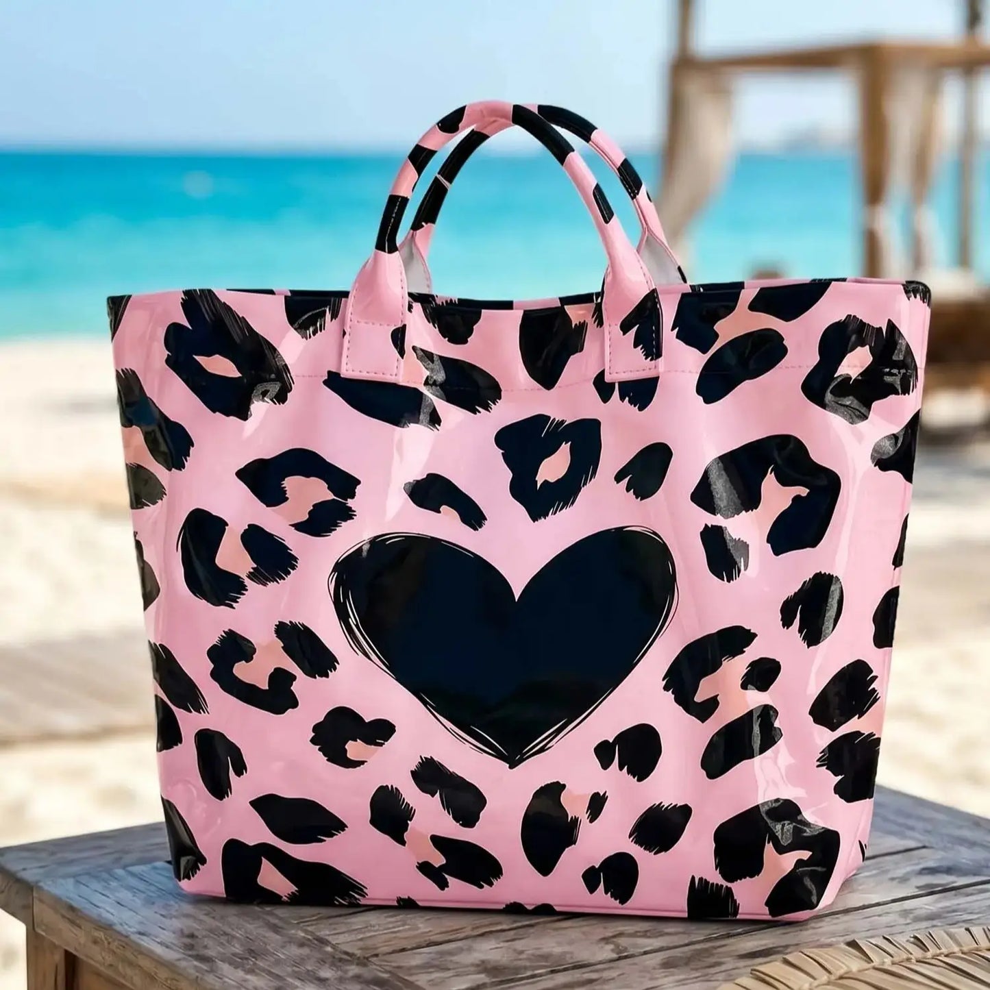 Pink Leopard Print And Hearts PVC Tote Bag