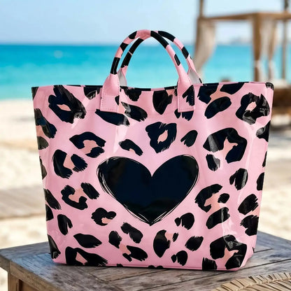 Pink Leopard Print And Hearts PVC Tote Bag