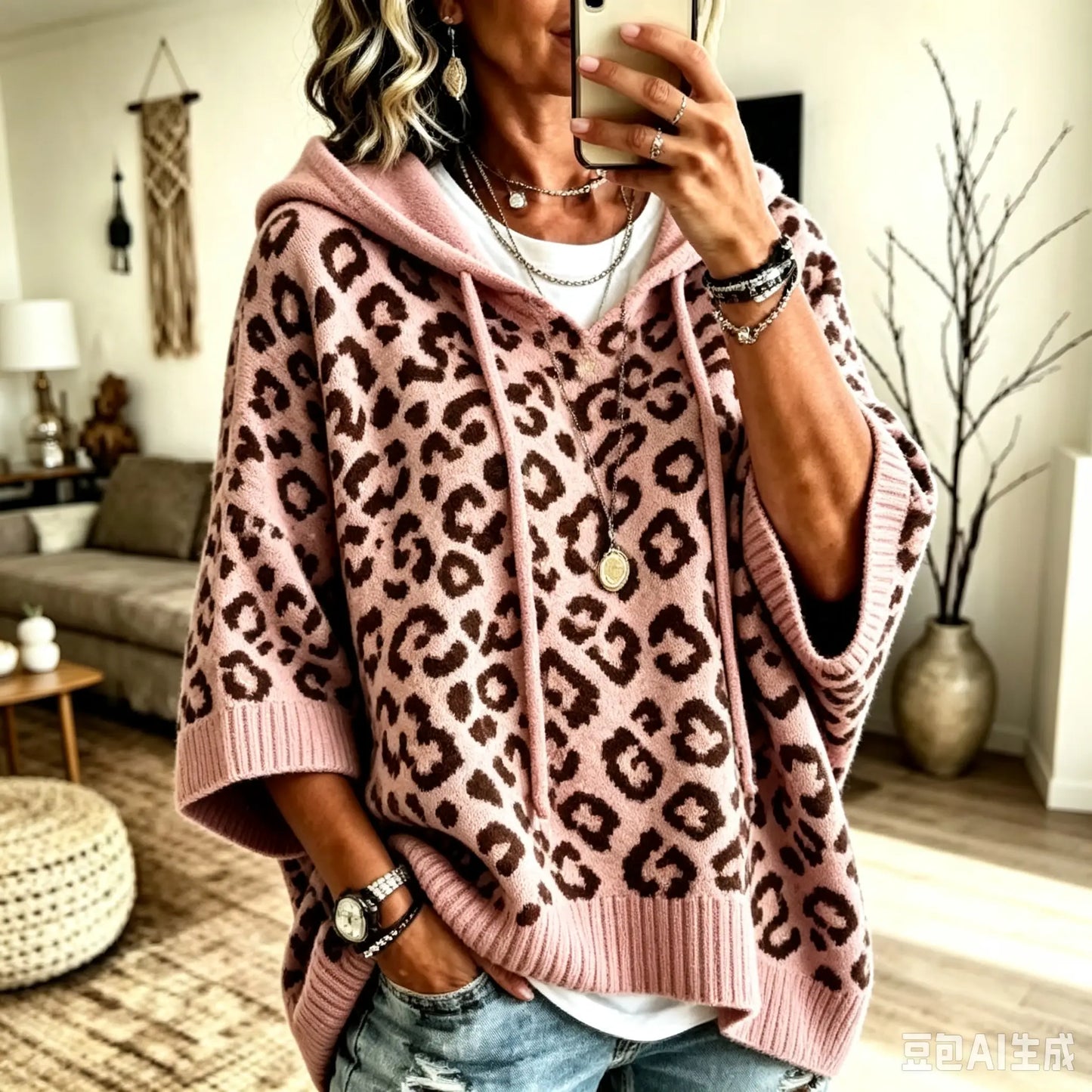 Comfortable And Casual Leopard-print Knitted Hoodie