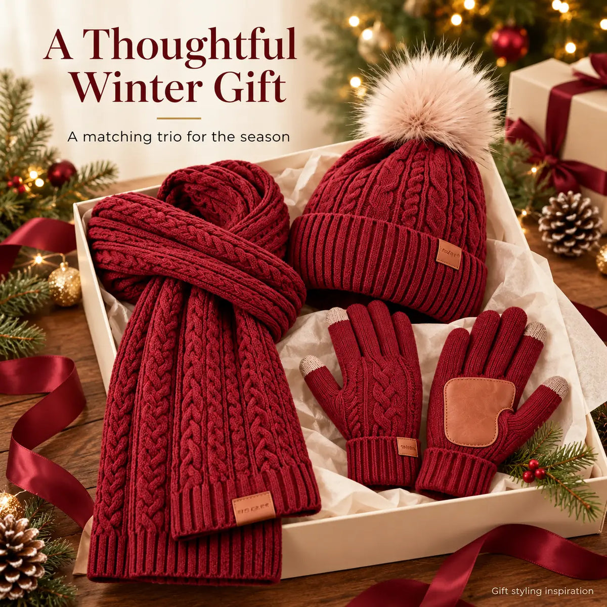 3 in 1 Winter Warmer Beanie Fleece Lined Knit Hat Scarf Gloves Gift Set