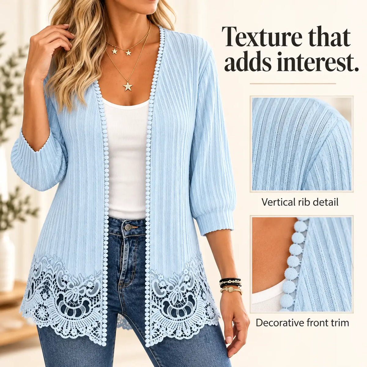 Women's Crochet Lace Trim Open-Front Cardigan