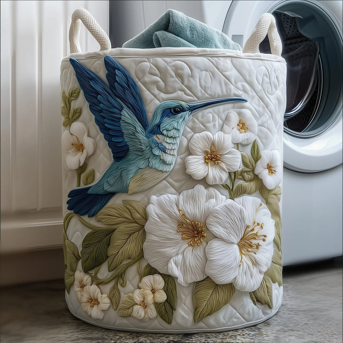 Elegant Hummingbird Quilted Laundry Basket