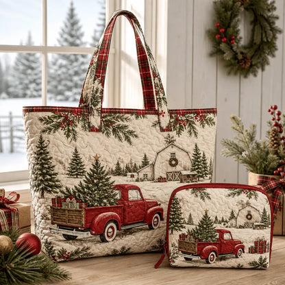 2pcs Vintage Red Truck Quilted Tote Bag Set