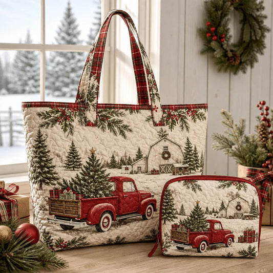 2pcs Vintage Red Truck Quilted Tote Bag Set