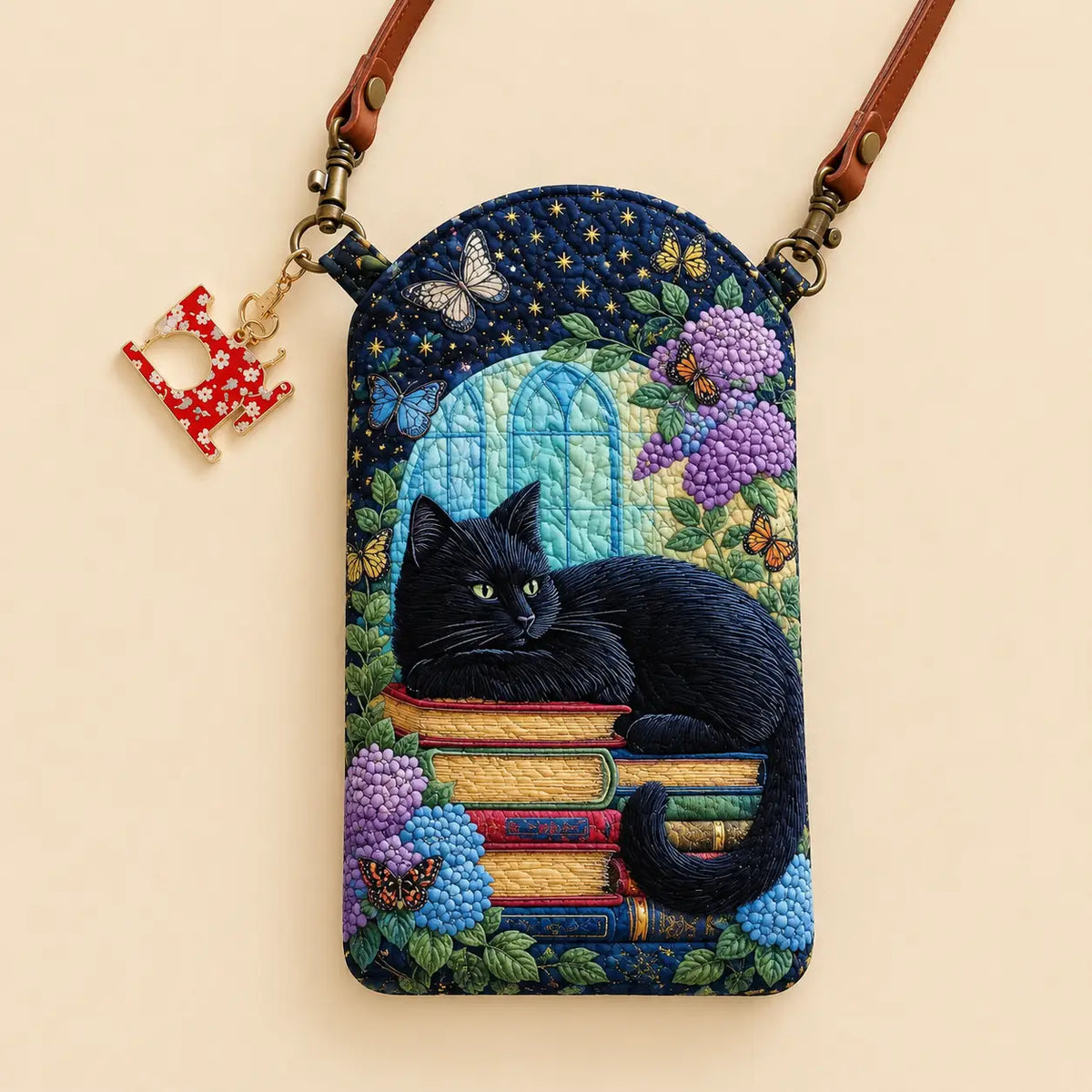 Black Cat on Books Hydrangea Butterfly Quilted Slim Phone Crossbody Bag