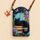 Black Cat on Books Hydrangea Butterfly Quilted Slim Phone Crossbody Bag