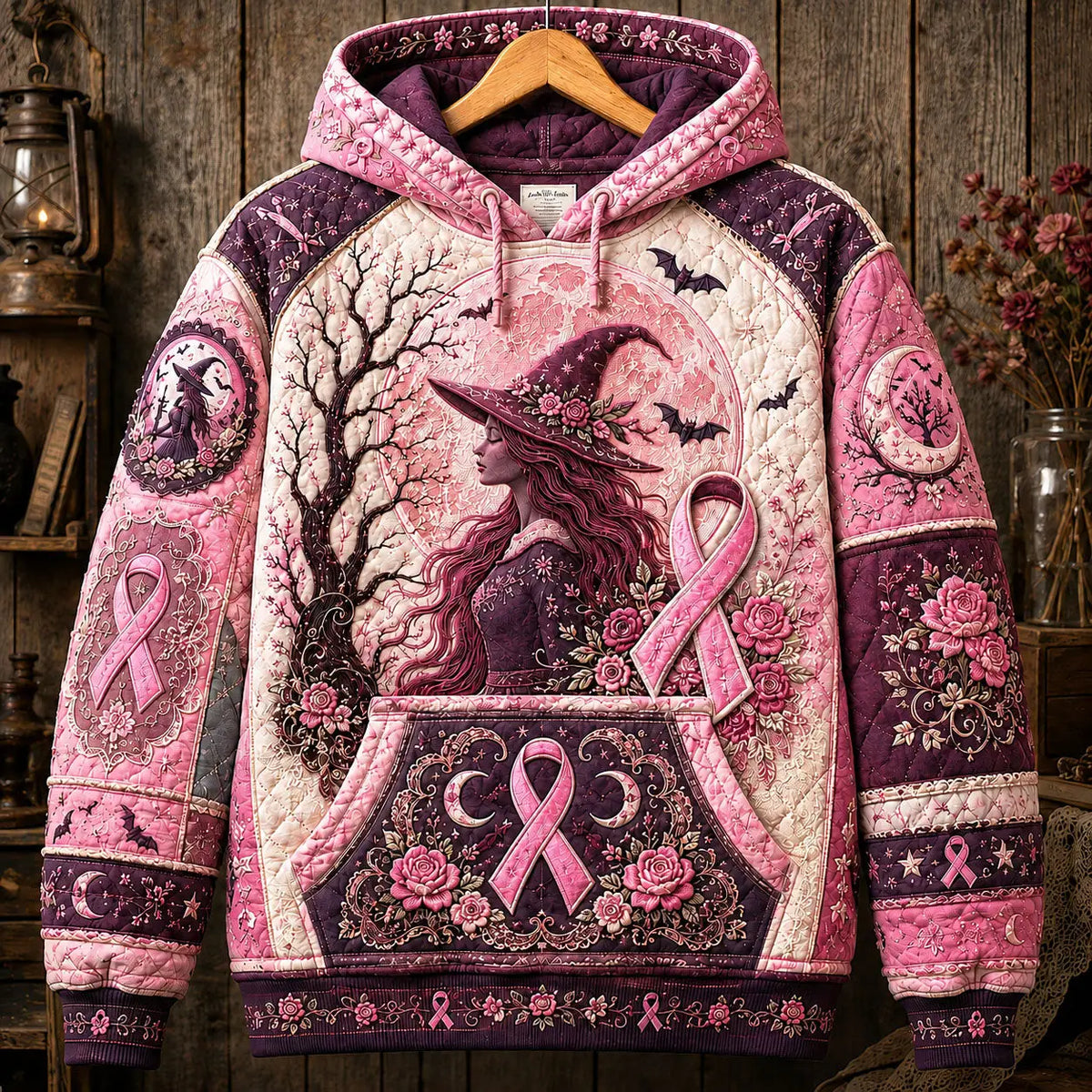 Witchy Moon Pink Ribbon Halloween Quilted Casual Hoodie