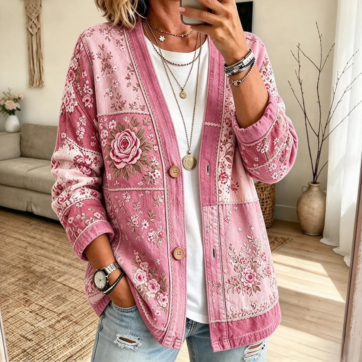 Collarless Soft-Denim-Look Button-Down Cardigan