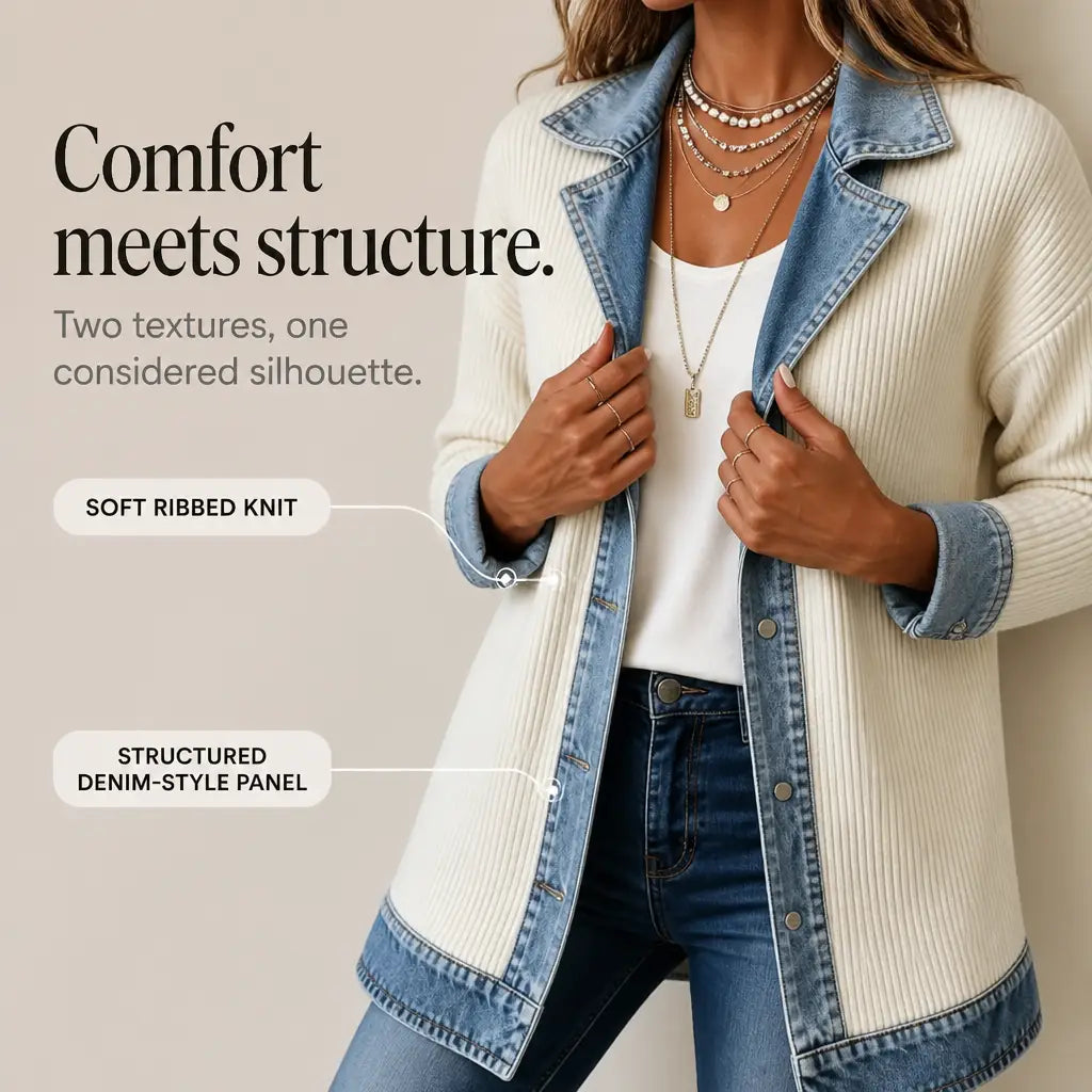 Women's Contrast Trim Collared Button Front Ribbed Knit Jacket