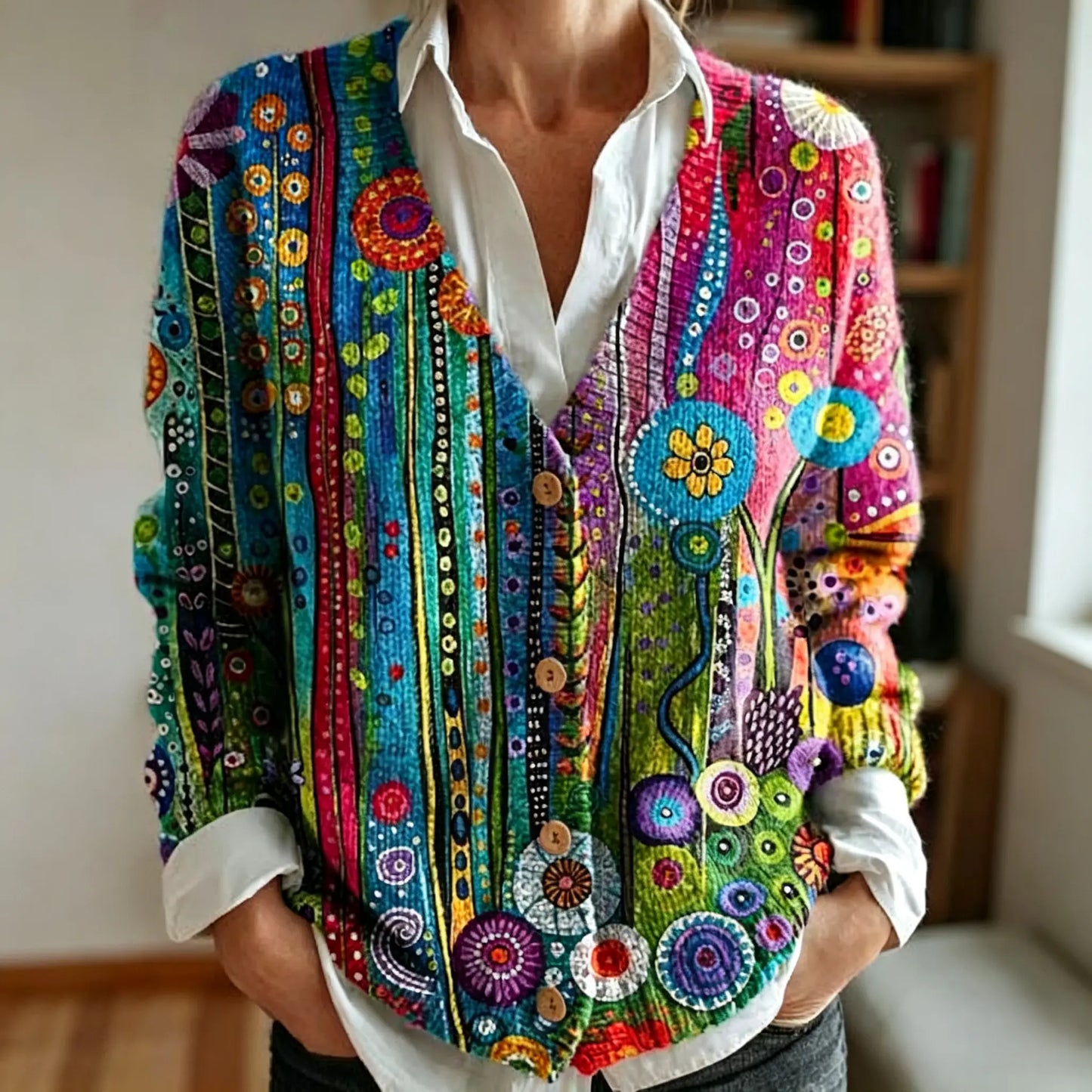 Women's Vintage Floral Art Pattern Print Buttoned Cardigan Sweater