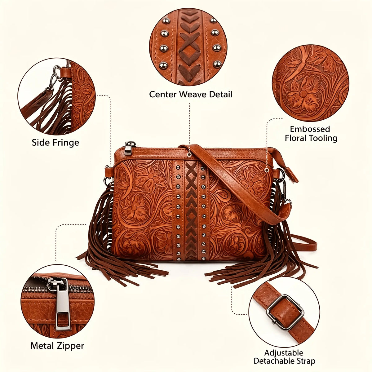 Bohemian PU Crossbody Bag with Western Fringe Tassels & Zipper Closure
