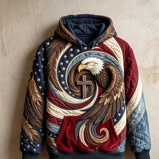 Christian Eagle Quilted Casual Regular Fit Long Sleeve Hoodie Sweatshirt