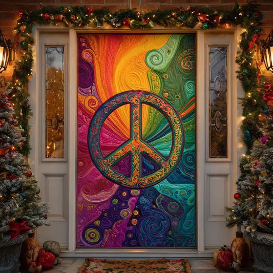 Rainbow Swirl Peace Symbol Hippie Quilted Door Cover