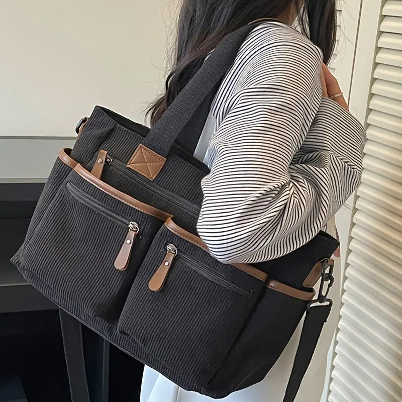 Corduroy Multi-Pocket Convertible Tote Bag