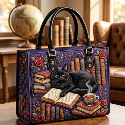 Book And The Black Cat Quilted Leather Strap Bible Handbag
