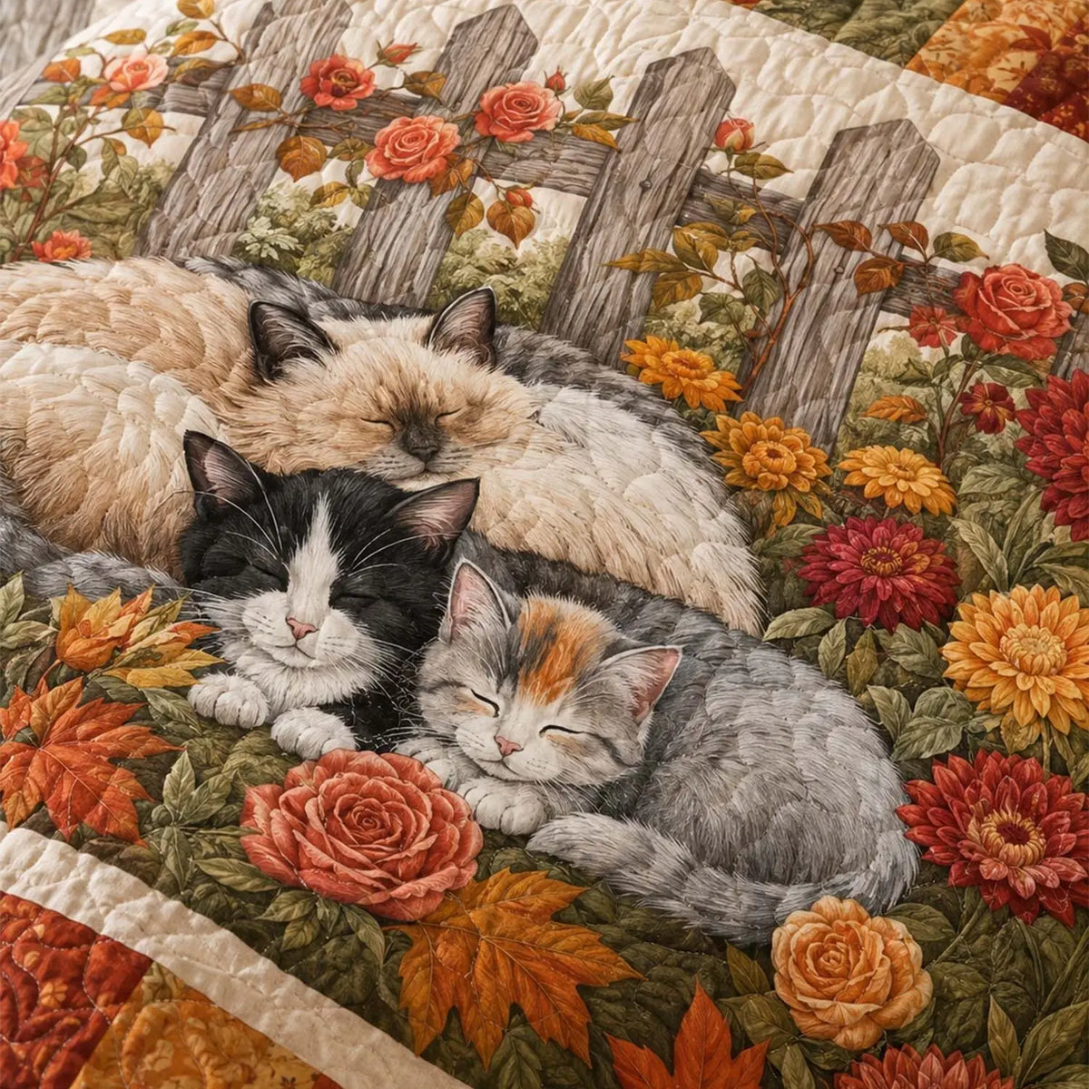 Autumn Garden Cat Quilted Bedding Set