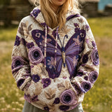 Purple Butterfly Rose Quilted Casual Hoodie