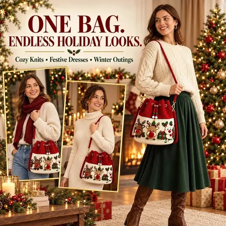 🎄3D Crochet Christmas Bucket Bag✨Festive Crossbody Purse with Detachable Strap