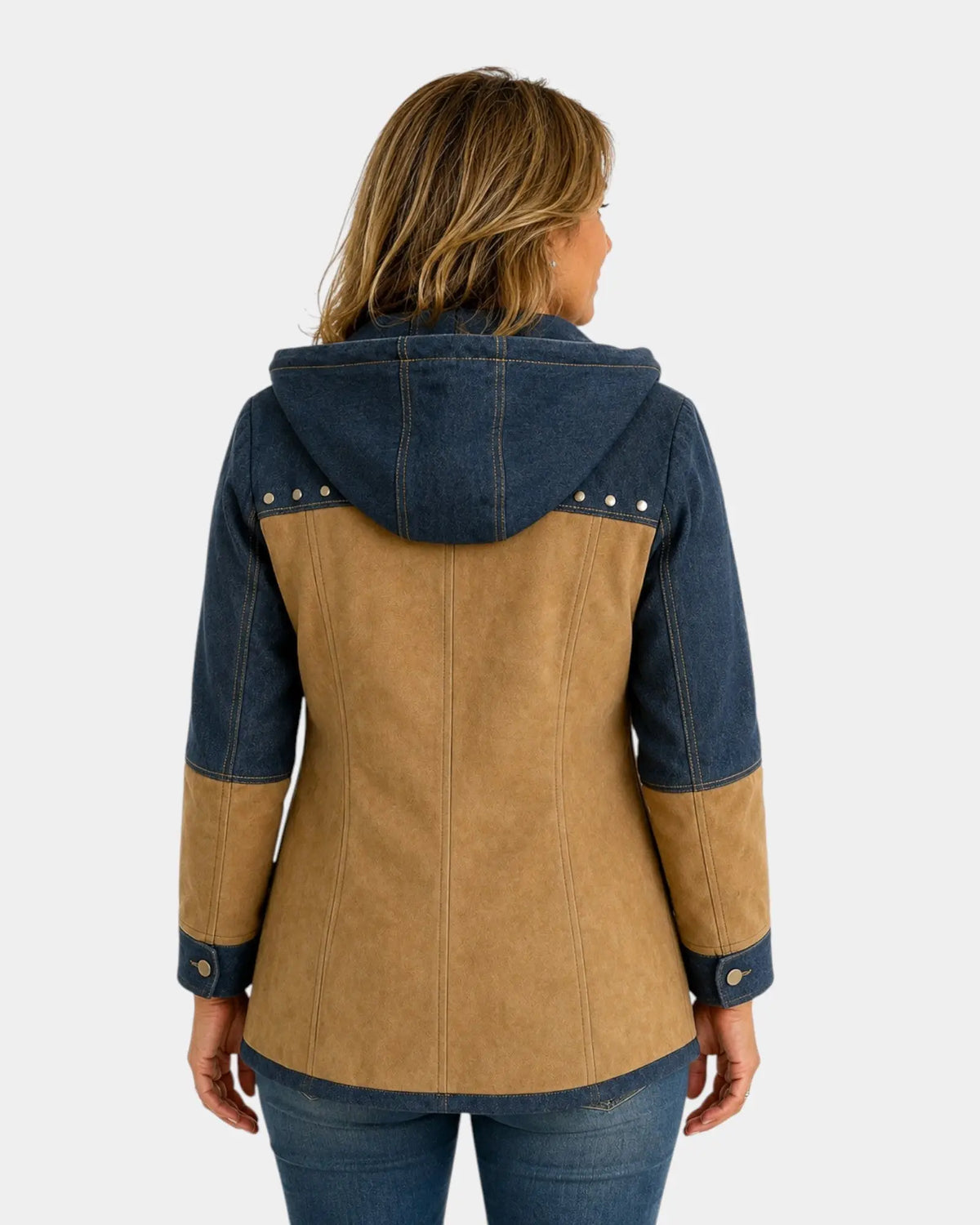 Women's Denim Jackets Long Hooded Patchwork Zip Up Jacket