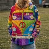 Floral Van Quilted Casual Regular Fit Long Sleeve Hoodie Sweatshirt