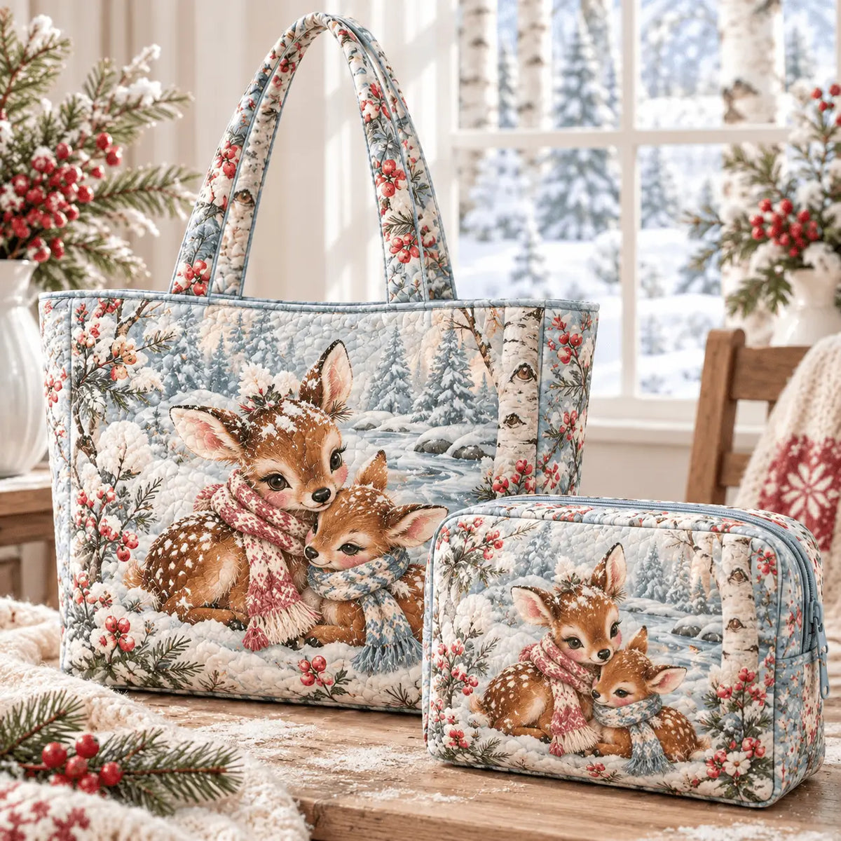 2pcs Woodland Deer Quilted Tote Bag Set