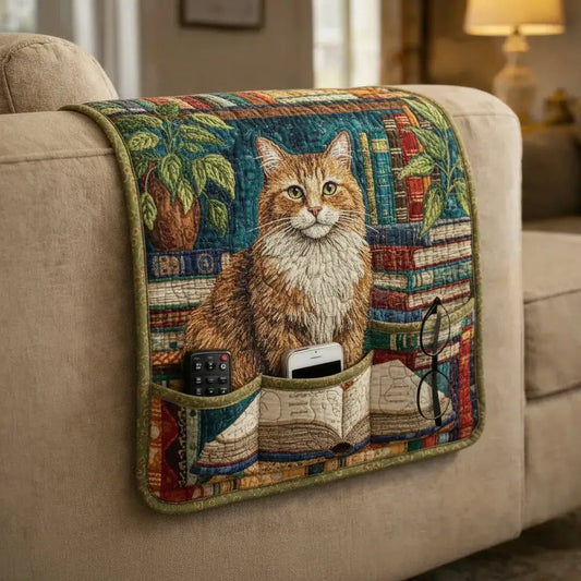 Library Cat Quilted Sofa Armrest Organizer